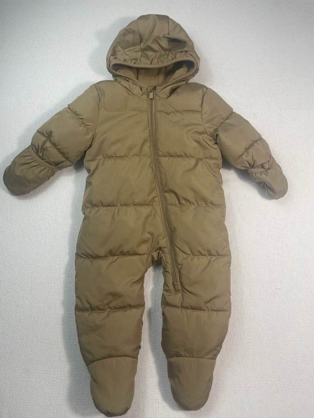 Old Navy Tan Puffer Snowsuit with Bear Ears Hood Size 6-12M